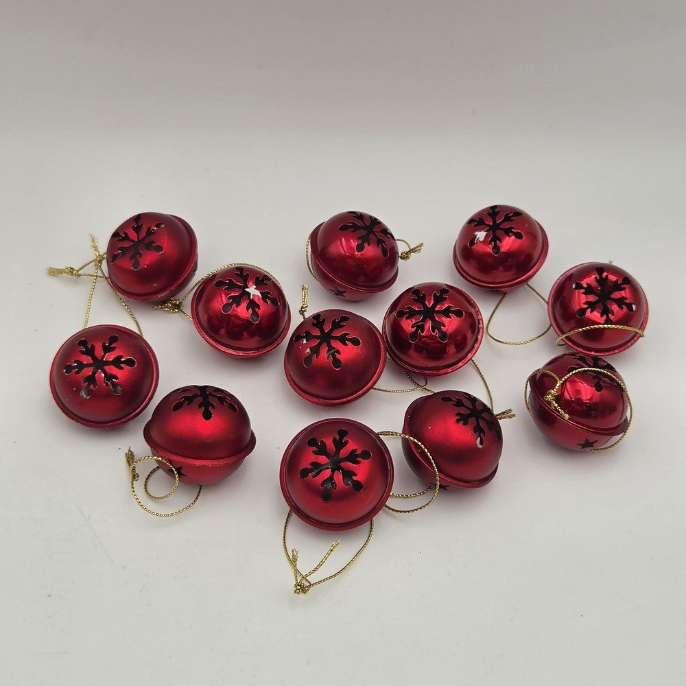 Vintage Lots of 12 Red Metal Jingle Bell Christmas Ornaments